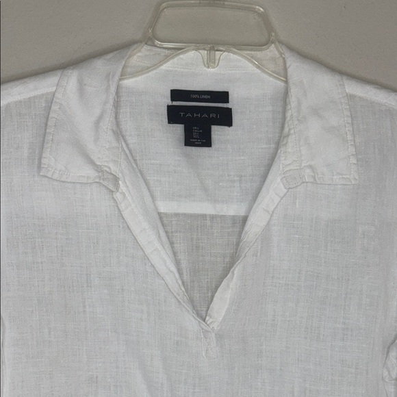 TAHARI White Linen Tunic Top Button Side Boho Laganlook Beach Summer Classic L - Picture 5 of 9